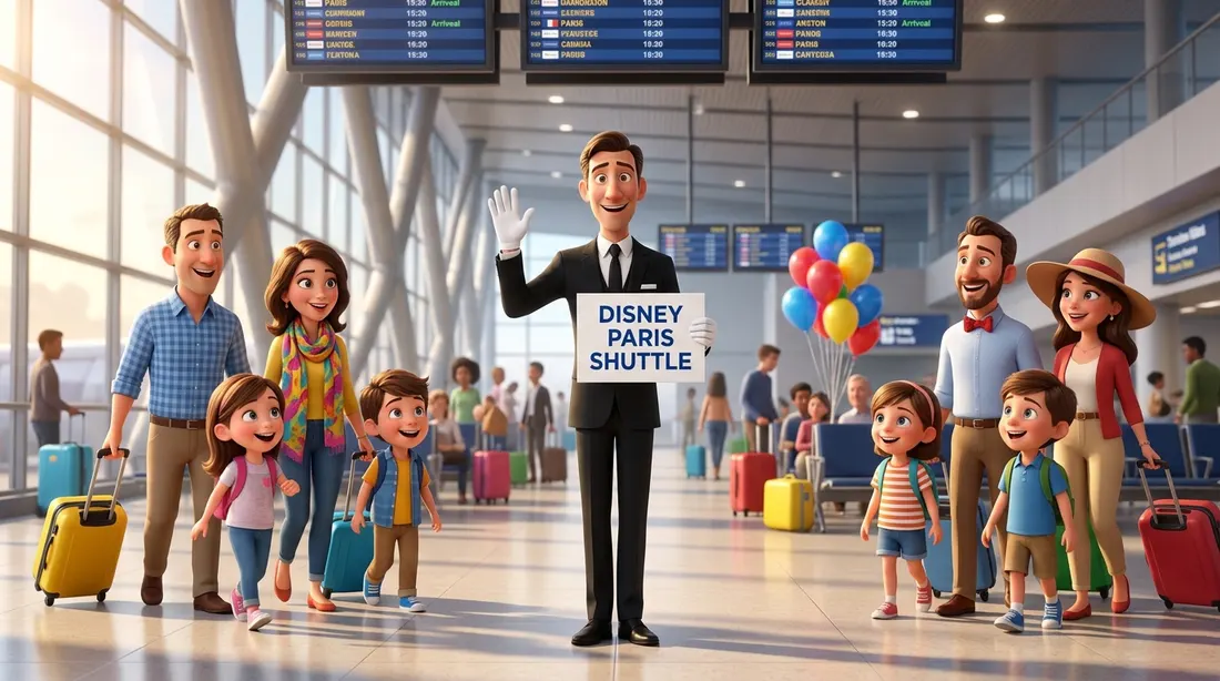 Two families meeting their Disney Paris Shuttle driver at the airport to share a private van to Disneyland Paris